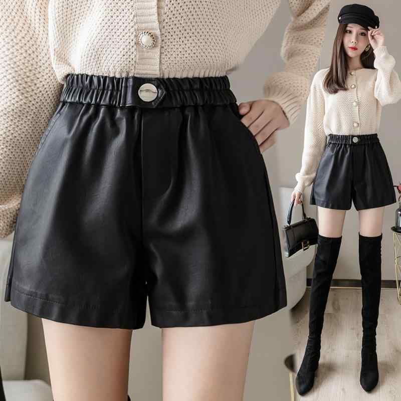 レザーショートパンツ 大人 レディース ゆったり 秋冬 PU Aライン ワイド ウエストゴム ポケット ボタン 脚長効果 普段使い 外出用 シンプル おしゃれ 黒