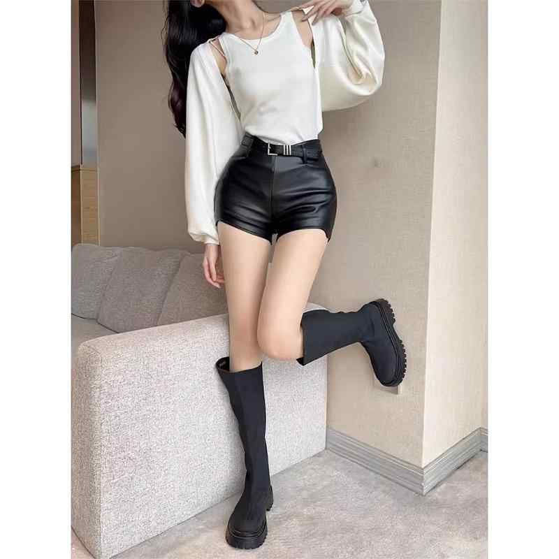 レザーショートパンツ 大人 レディース 春秋 ハイウエスト スリムフィット タイト ポケット 韓国 シンプル 無地 おしゃれ 黒 茶 アプリコット