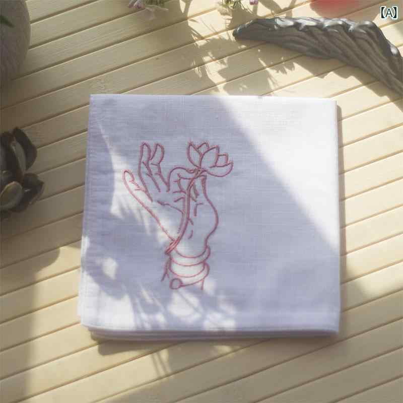 ハンカチ レディース ギフト 綿 刺繍 メンズ レトロ 民族風 男女兼用 正方形 シンプル おしゃれ 汗拭き用 仏の手 花 白 黒 赤