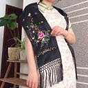 スカーフ 長方形 縦長 チャイナ レディース 刺繍 ショール 二重層 サテン エスニック 春夏秋冬 おしゃれ 花 牡丹 紅梅 蝶 白 黒 ピンク