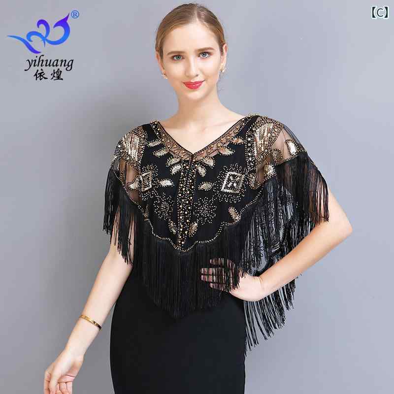 スパンコール ボレロ レディース ケープ フリンジ Vネック 半袖 薄手 羽織り メッシュ ショール エレガント 透け感 ショート丈 パーティー ダンス衣装 キラキラ きれいめ 黒 赤 青