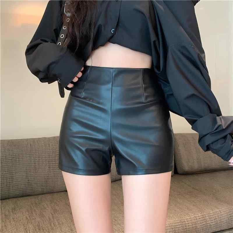 レザーショートパンツ 大人 レディース 秋冬 ハイウエスト タイト スリムフィット ヒップカバー ポケット 韓国 シンプル 無地 おしゃれ 黒