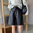 レザーショートパンツ 大人 レディース 大きいサイズ ゆったり 五分丈 ハイウエスト ポケット PU 春秋 韓国 シンプル 無地 カジュアル おしゃれ 黒 グレー