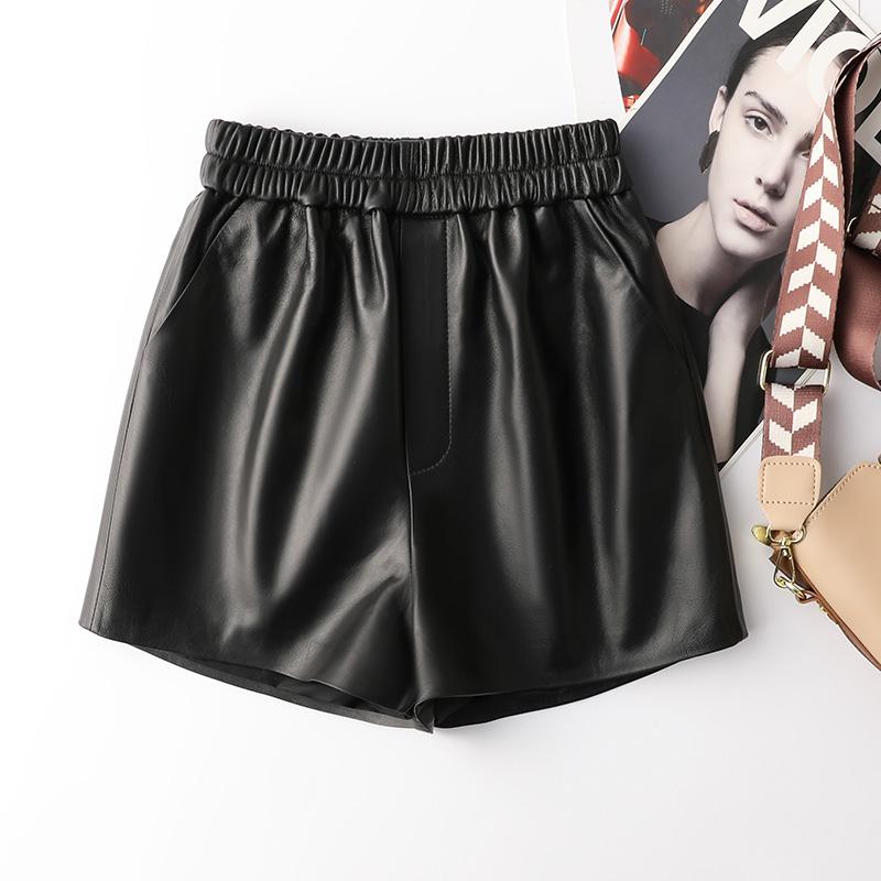 レザーショートパンツ 大人 レディース 大きいサイズ ゆったり ウエストゴム ポケット 羊革 体型カバー Aライン ワイド シンプル 無地 おしゃれ カーキ 黒