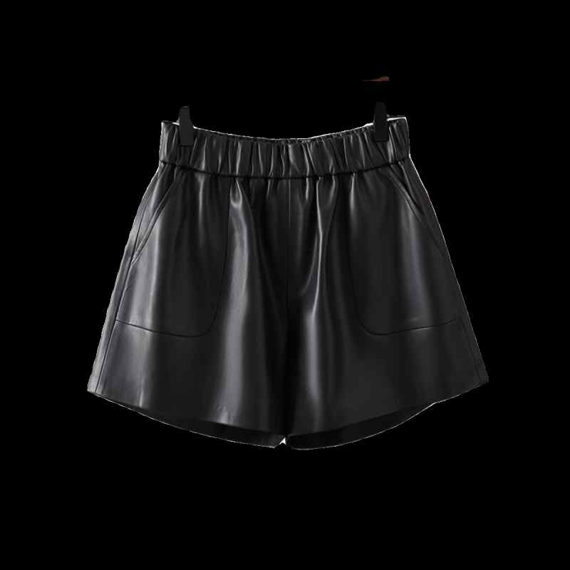 レザーショートパンツ 大人 レディース 大きいサイズ ゆったり ワイド Aライン ウエストゴム ポケット 体型カバー 春 羊革 シンプル 無地 おしゃれ 黒 茶