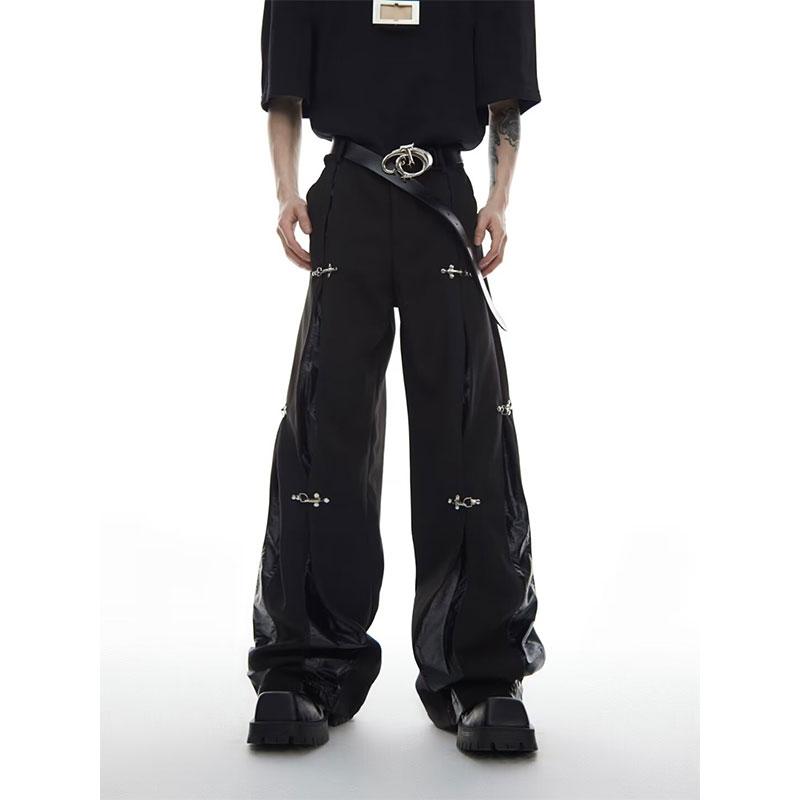 レザーパンツ メンズ 大人 大きいサイズ ゆったり ロング ワイド ブーツカット ストリート カジュアル おしゃれ 普段使い 外出用 黒