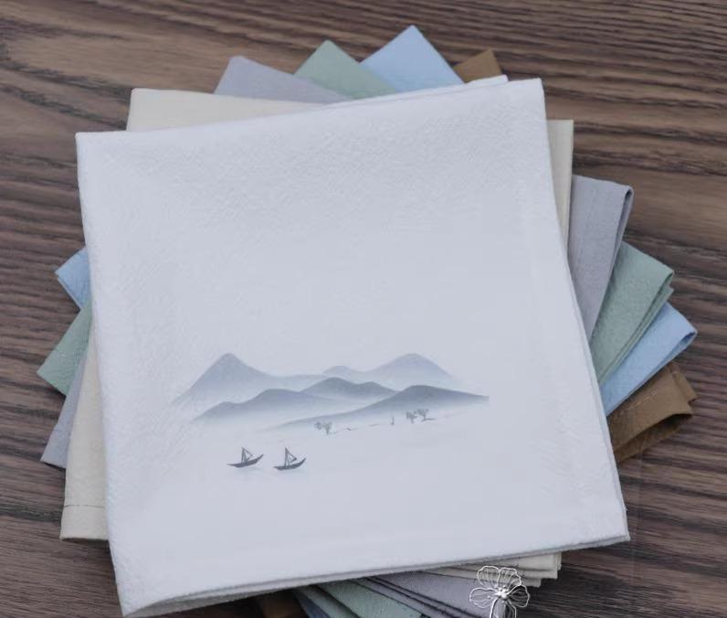 ハンカチ プレゼント 女性 母の日 中国風 レトロ 水墨画プリント 綿 柔らかい 正方形 吸水性 男女兼用 2枚セット シンプル 白 青 緑