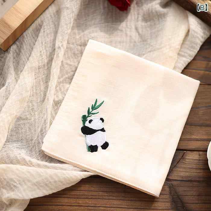 ハンカチ プレゼント 女性 母の日 中国風 綿 パンダ 竹 刺繍 携帯用 吸汗 正方形 かわいい 送別会 退職 お礼 シンプル 白 アプリコット ピンク