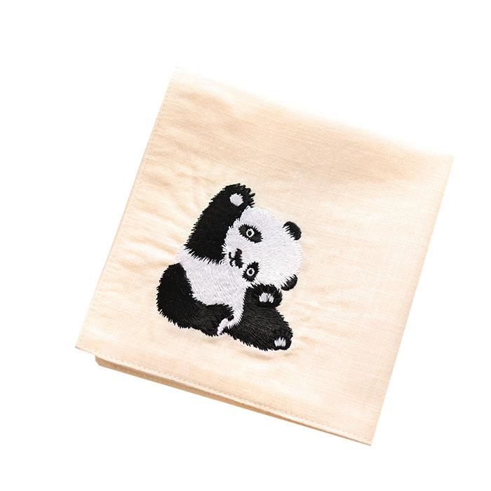 ハンカチ プレゼント 女性 母の日 綿 パンダ 刺繍 中国風 吸汗性 小さめ 正方形 携帯用 手ぬぐい かわいい シンプル 送別会 お礼 白 アプリコット ピンク