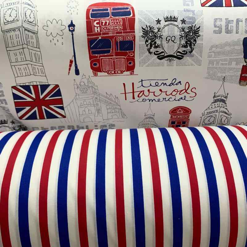生地 コットン 布 柄 北欧 かわいい ツイル ストライプ ユニオンジャック バス プリント 幅160 長さ50cm ハンドメイド リメイク DIY 手作り 服飾 手芸 材料 素材 資材 雑貨 寝具 カーテン 入学 準備 バック ポーチ 白 青 赤