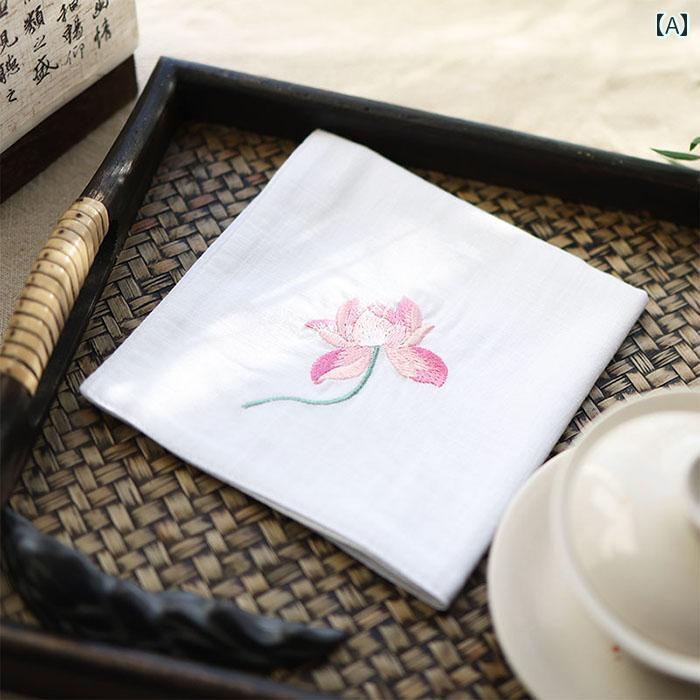 ハンカチ プレゼント 女性 母の日 綿 二重 ガーゼ 蓮の花 刺繍 小さめ 正方形 携帯用 吸汗性 柔らかい 手ぬぐい 退職 送別会 シンプル 上品 アプリコット 青 ピンク