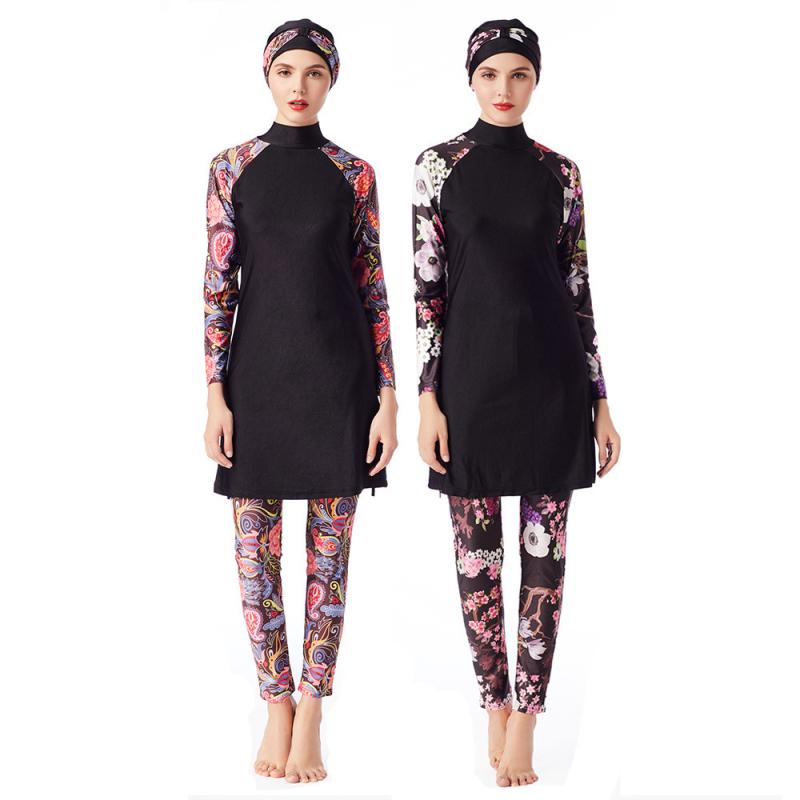 大きいサイズ レディース 水着 スイムウェア 旅行 女性 婦人 ドバイ 保守 長袖 日焼け防止 スリーピース カジュアル 赤 紫 花 ペイズリー 柄 パッドあり