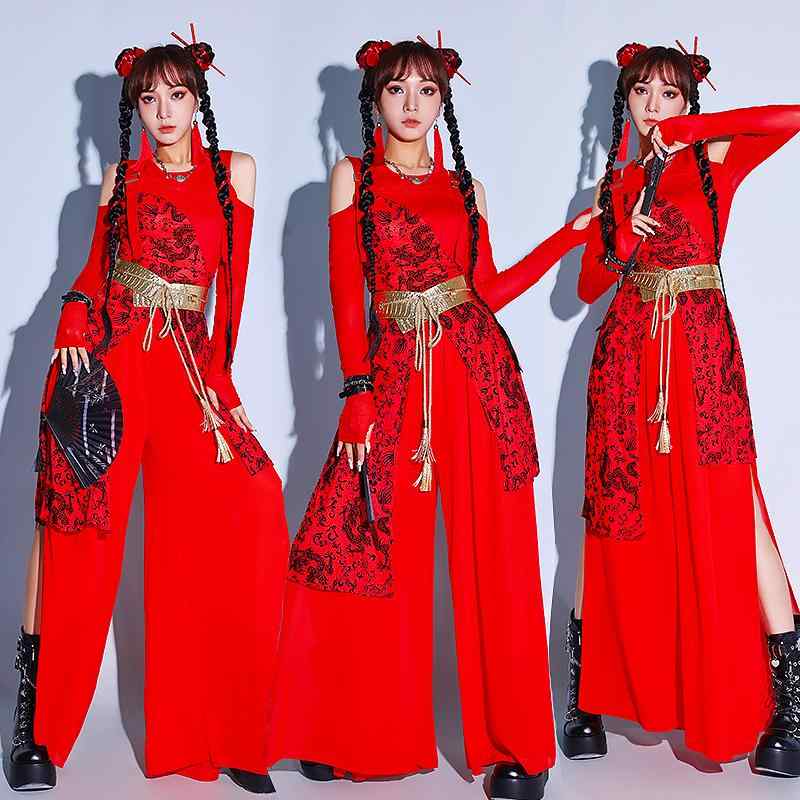 中国 舞踊 衣装 大きいサイズ レディース 女性 婦人 ジャズ ヒップホップ ダンス 服 パフォーマンス チャイナ セット ベルト 赤 プリント 龍 ドラゴン かっこいい