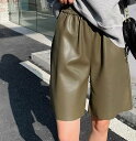 レディース ショートパンツ レザー 秋冬 ウエストゴム ハイライズ ポケット 体型カバー ストレート カジュアル おしゃれ 茶色 緑 黒