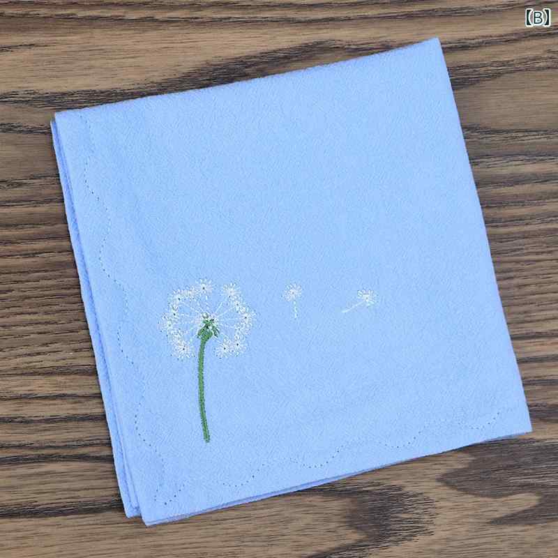 ハンカチ レディース メンズ 大人 正方形 ギフト 綿 柔らかい 二重層 スクエア 小さめ 刺繍 たんぽぽ ピンク ベージュ グレー シンプル おしゃれ