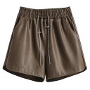 レディース ショートパンツ レザー 秋冬 ウエストゴム ハイライズ ポケット ドローコード 細見え 脚長効果 Aライン 普段使い 外出用 韓国 カジュアル 大きいサイズ 無地 黒 茶色