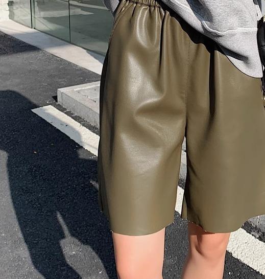 レディース ショートパンツ レザー ウエストゴム ハイライズ 五分丈 ポケット 脚長効果 普段使い 