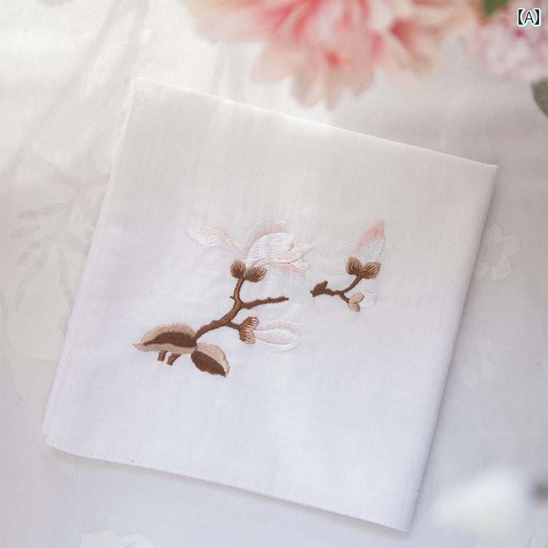ハンカチ レディース メンズ 大人 上品 綿 柔らかい 正方形 スクエア 小さめ 吸汗性 ギフト レトロ 刺繡 花柄 おしゃれ アプリコット ピンク 黒