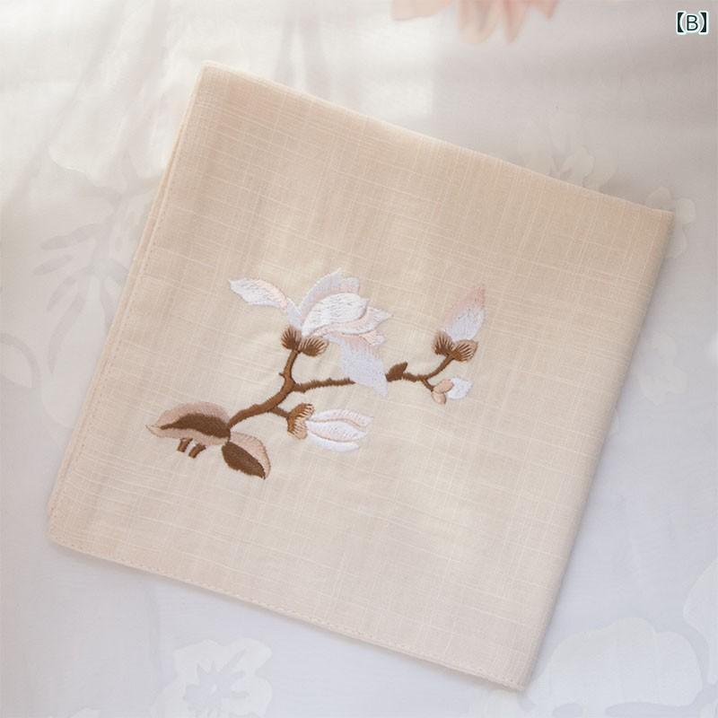 ハンカチ レディース メンズ 大人 上品 綿 柔らかい 正方形 スクエア 小さめ 吸汗性 ギフト レトロ 刺繡 花柄 おしゃれ アプリコット ピンク 黒