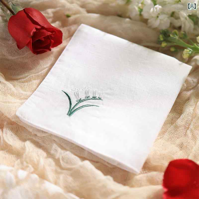 ハンカチ レディース 大人 上品 綿 柔らかい 正方形 スクエア 小さめ レトロ 刺繡 花柄 すずらん ラベンダー アプリコット ピンク 緑