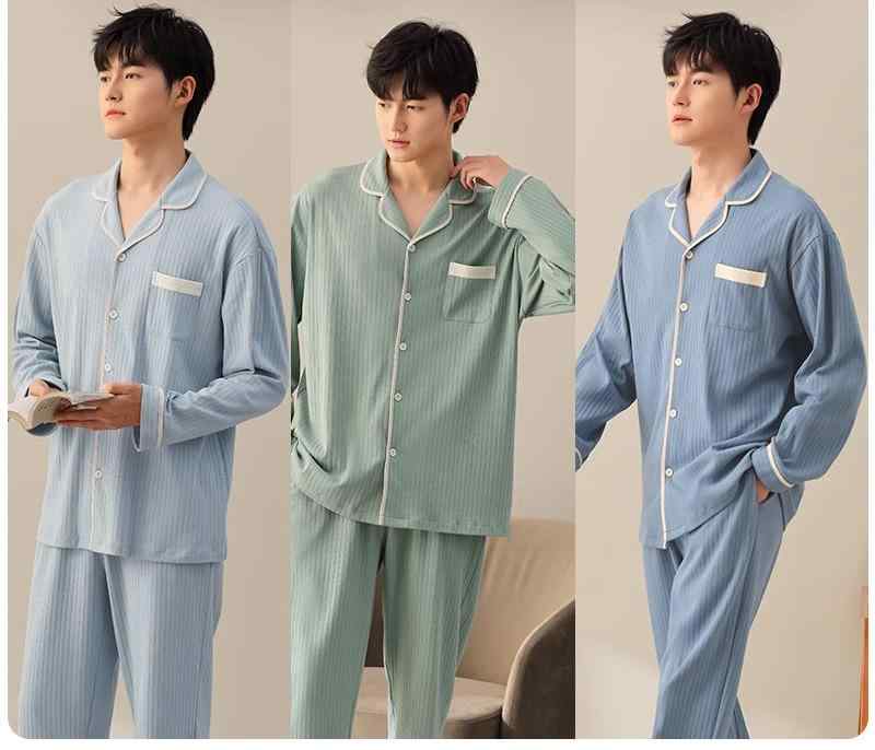 ルームウェア メンズ パジャマ 上下セット 春秋 綿 通気性 柔らかい 前開き ボタン 襟 ポケット 長ズボン ウエストゴム 大きいサイズ ストライプ グレー 青 白