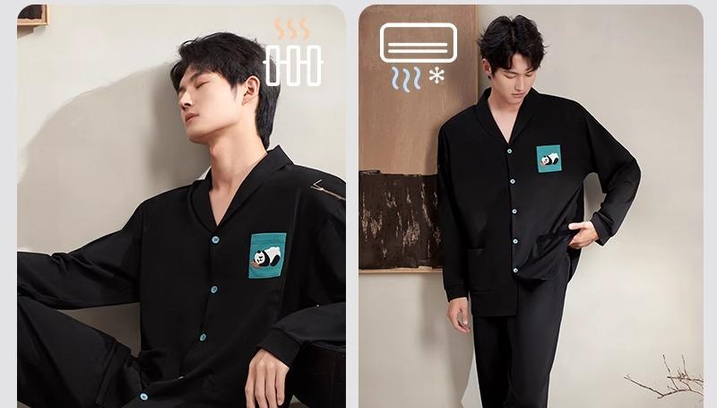 ルームウェア メンズ パジャマ 上下セット 春夏秋冬 オールシーズン 綿 涼しい ひんやり 快適 前開き ボタン 襟 ポケット パンダ 長ズボン ウエストゴム 大きいサイズ 黒