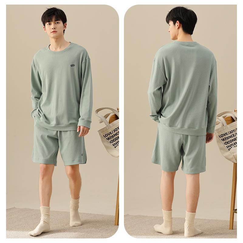 ルームウェア メンズ パジャマ 上下セット 春秋 長袖 ラウンドネック プルオーバー 半ズボン 短パン ウエストゴム ポケット 韓国 ストライプ 外出可能 大きいサイズ
