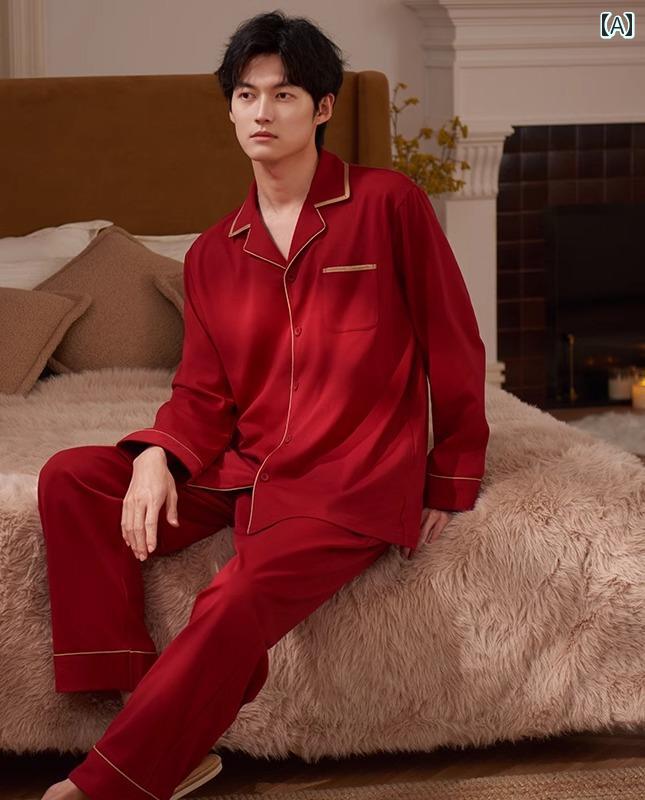 ルームウェア メンズ パジャマ 上下セット 綿 春秋 前開き ボタン 襟 ポケット 長ズボン ウエストゴム 通気性 シンプル 大きいサイズ 赤