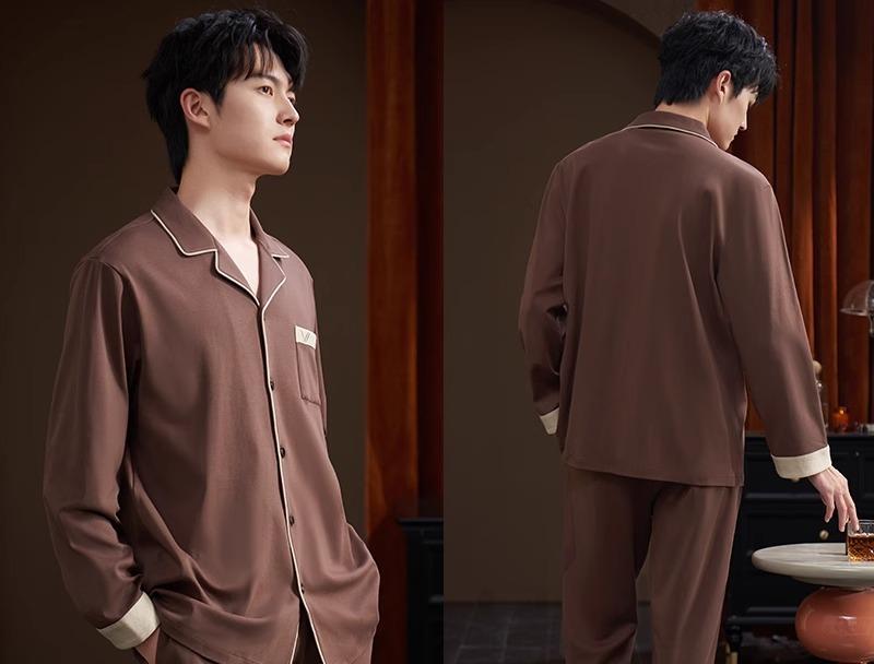 ルームウェア メンズ パジャマ 春秋 上下セット 綿 前開き ボタン 襟 長ズボン ウエストゴム ポケット おしゃれ シンプル 通気性 大きいサイズ ブラウン グレー
