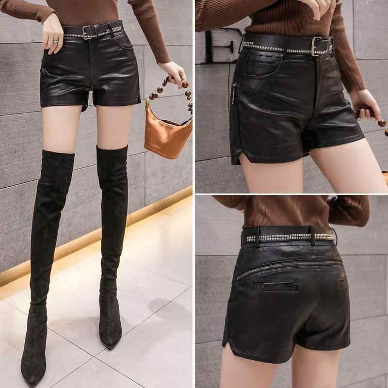 レザー ショートパンツ レディース 春秋 PU 韓国 ジッパー ハイウエスト 細見え 脚長効果 ストレート ..