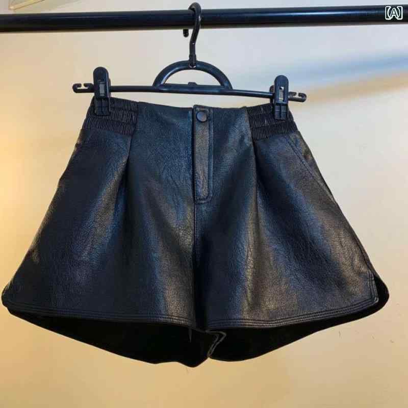 レディース ショートパンツ PUレザー ハイウエスト ファスナー ポケット 伸縮性 脚長効果 普段使い お出かけ 韓国 カジュアル 無地 黒 茶色