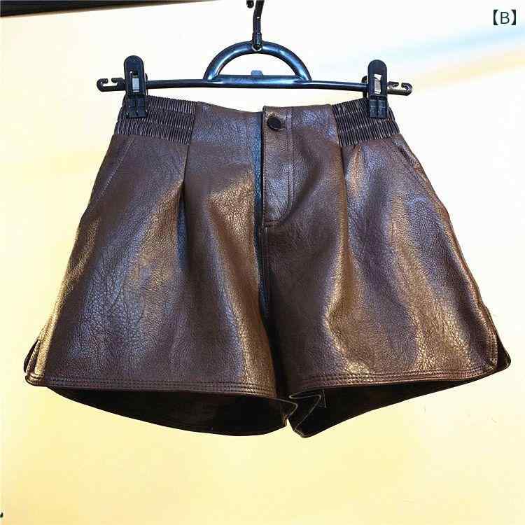 レディース ショートパンツ PUレザー ハイウエスト ファスナー ポケット 伸縮性 脚長効果 普段使い お出かけ 韓国 カジュアル 無地 黒 茶色