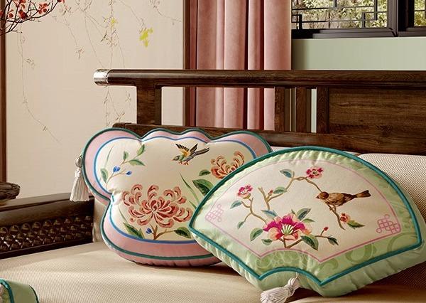 抱き枕 クッション チャイナ風 リビング 扇形 ベッド サイド ソファ 腰 リラックス 柔らかい 花 鳥 起..