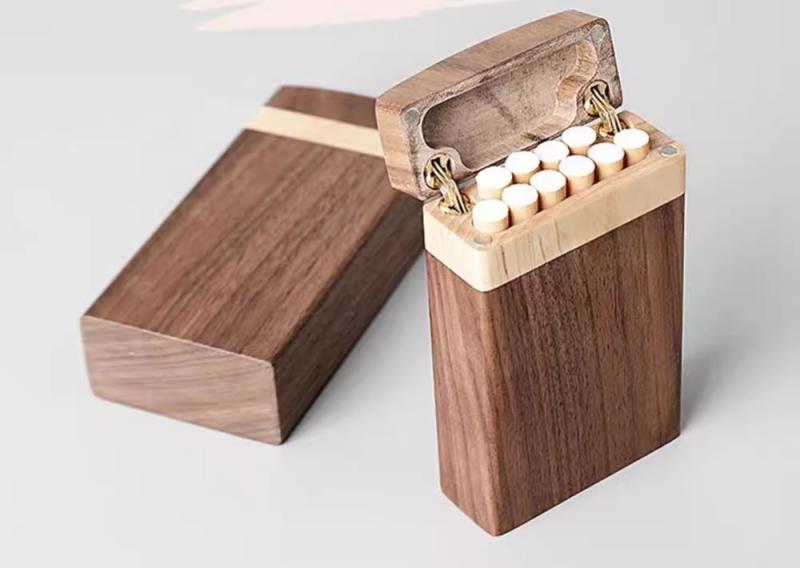 タバコケース メンズ ブラック ウォールナット ボックス 収納 男女兼用 おしゃれ フリップオープン 薄型 無垢材 細め 太目 プレゼント