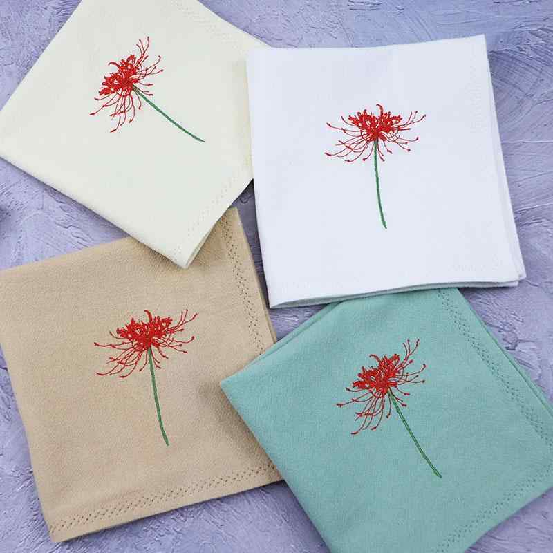 ハンカチ レディース 大人 正方形 キッズ ギフト 綿 柔らかい 二重層 吸汗性 スクエア 小さめ おしゃれ 刺繡 ヒガンバナ ピンク ベージュ 白