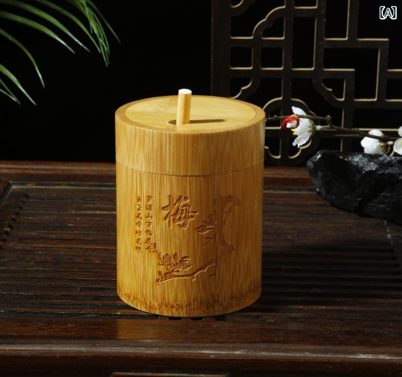 タバコケース メンズ 車載用 蓋付き 竹製 木 大人 父の日 おしゃれ プレゼント 丸い 梅文字 穴あき 携帯 彫刻 個性的