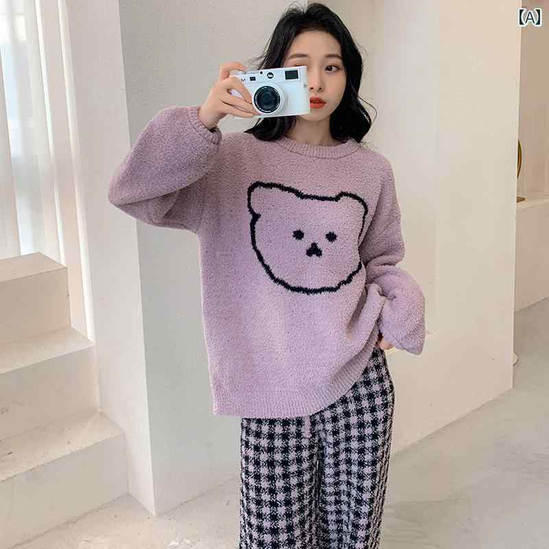 パジャマ レディース 冬 暖かい 上下セット フリース 柔らかい ルームウェア もこもこ 丸首 プルオーバー くま 長ズボン チェック ピンク グレー