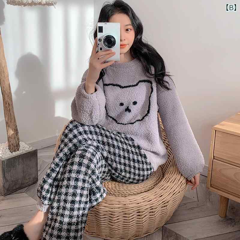 パジャマ レディース 冬 暖かい 上下セット フリース 柔らかい ルームウェア もこもこ 丸首 プルオーバー くま 長ズボン チェック ピンク グレー