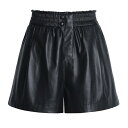 レザー ショートパンツ レディース 秋冬 ハイウエスト ワイドレッグ シープスキン ウエストゴム 細見え 脚長効果 大きいサイズ 普段使い カジュアル 黒