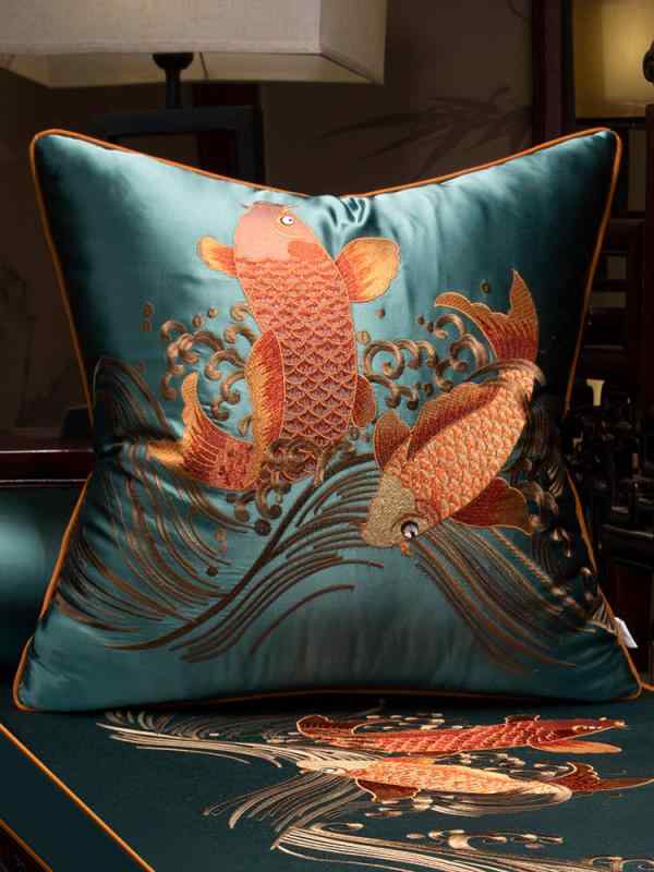 クッションカバー 中国 鯉 枕 ソファ 大きめ 柔らかい 青 黄色 おしゃれ 正方形 綿 エスニック モダン ..