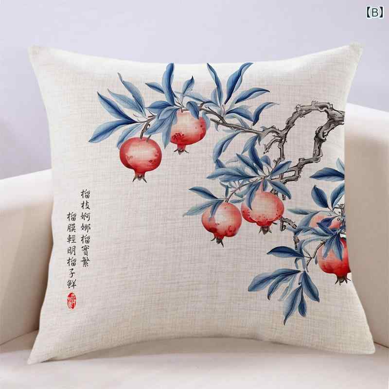 クッションカバー 中国 モダン リビング ソファ ザクロ オフィス 枕 花柄 シンプル ナチュラル おしゃれ 普段使い 四角 綿 プレゼント インテリア 2