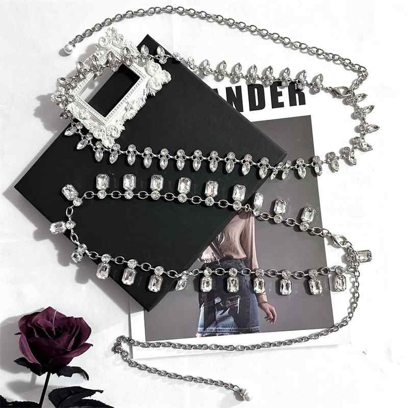 レディース チェーン ベルト 大人 上品 エレガント 装飾 ウエストマーク シングルループ フック 合金 キラキラ ストーン しずく型 スクエア おしゃれ