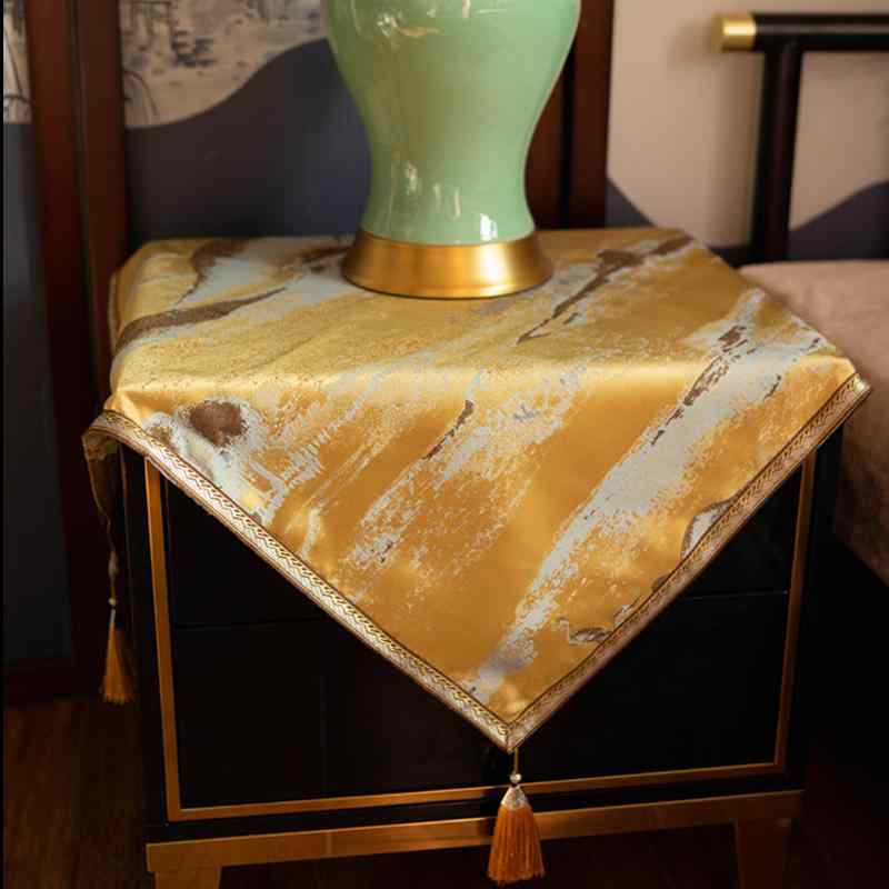 テーブルクロス おしゃれ 中国風 正方形 光沢 タッセル リビング 寝室 ダイニング 机 キャビネット カバー 小さめ 装飾 インテリア 小物 エレガント 黄 黒
