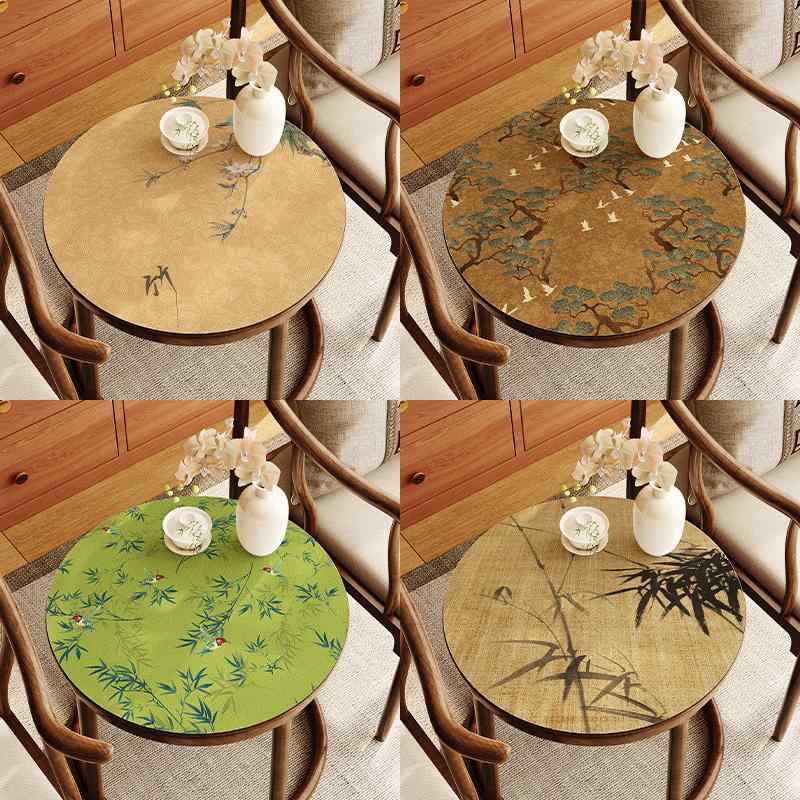 テーブルマット 円形 中国風 防水 防熱 滑り止め 洗濯不要 リビング 寝室 チェスト 脇机 装飾 インテリア 小物 クロス 個性的 おしゃれ 緑 竹 花 鶴