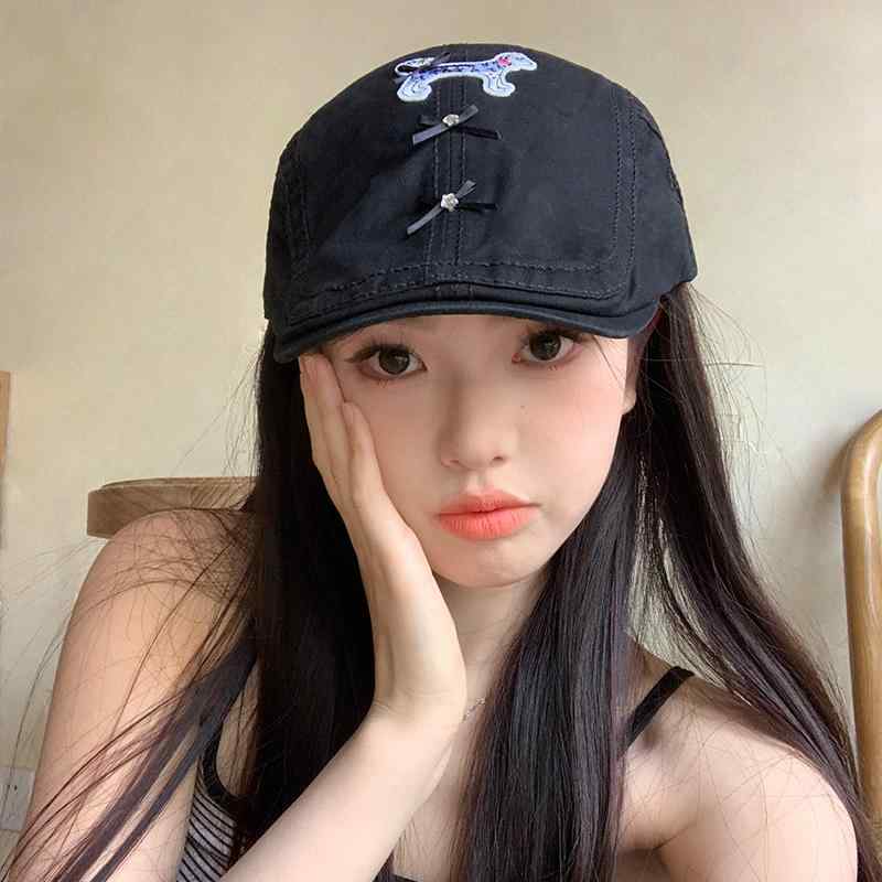 レディース ハンチング帽 かわいい 子犬 リボン 春夏 小顔効果 デート お出掛け 普段使い 黒 カーキ グレー