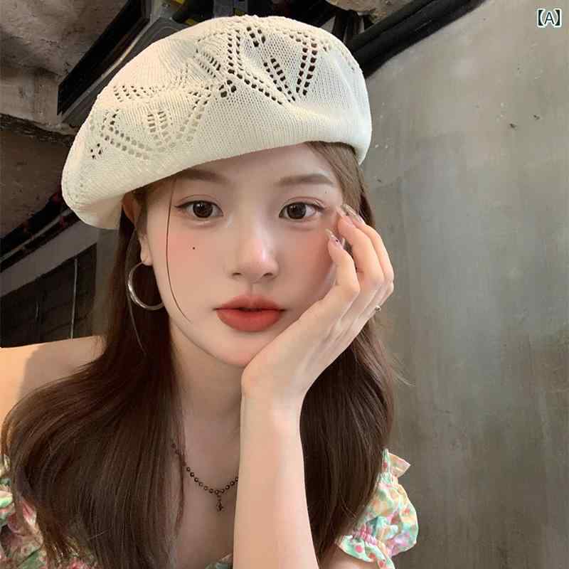 ベレー帽 レディース 春夏秋 韓国 レトロ ニット 編み 通気性 薄手 かわいい 旅行 お出掛け デート 普段使い カーキ 白 黒