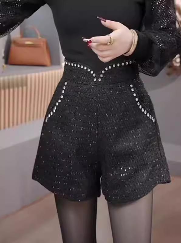 ショートパンツ ツイード レディース 韓国 スパンコール ハイウエスト ポケット ジッパー 秋冬 ワイド..