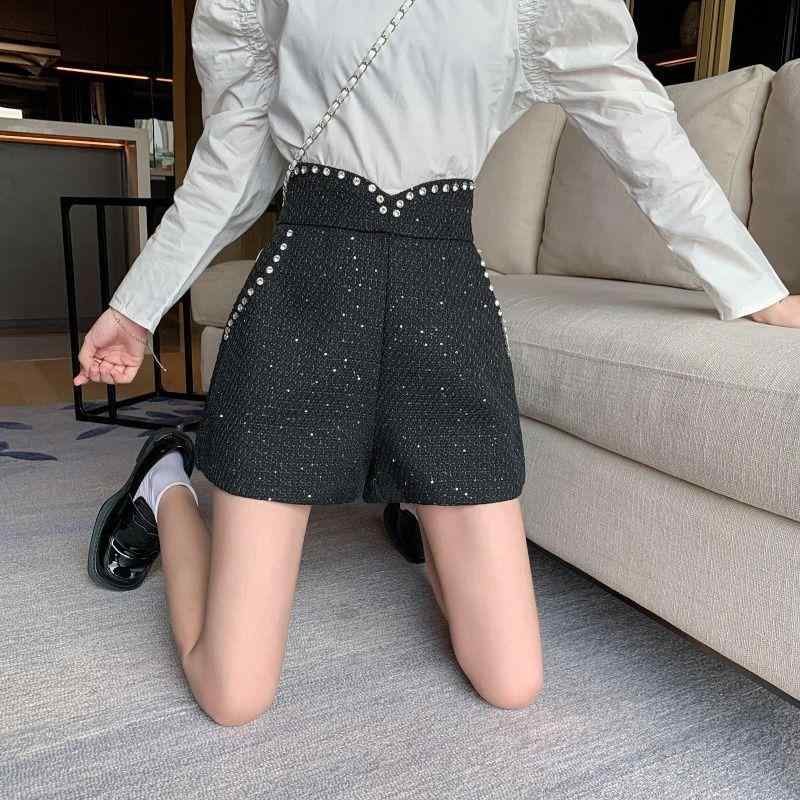 ショートパンツ ツイード レディース 韓国 スパンコール ハイウエスト ワイドレッグ 脚長効果 細見え ..