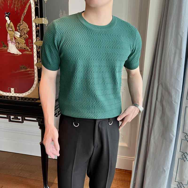 半袖ニット メンズ ぴったり 夏 涼しい ひんやり 快適 ジャカード カジュアル 通気性 Tシャツ ラウンドネック ウール スリムフィット 白 緑 シンプル ビスコース ナイロン