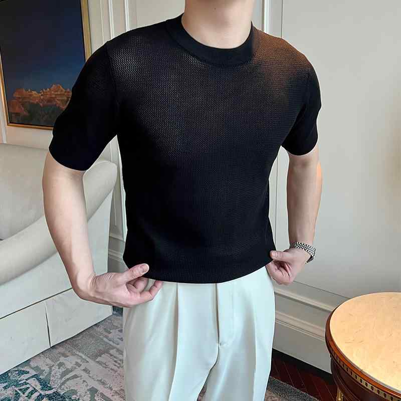 Rakuten - 半袖ニット メンズ ぴったり 夏 カジュアル レトロ シンプル 無地 通気性 薄手 スリムフィット Tシャツ トップス ビスコース ポリエステル ラウンドネック キャメル 黒 白 大きいサイズ 柔らかい